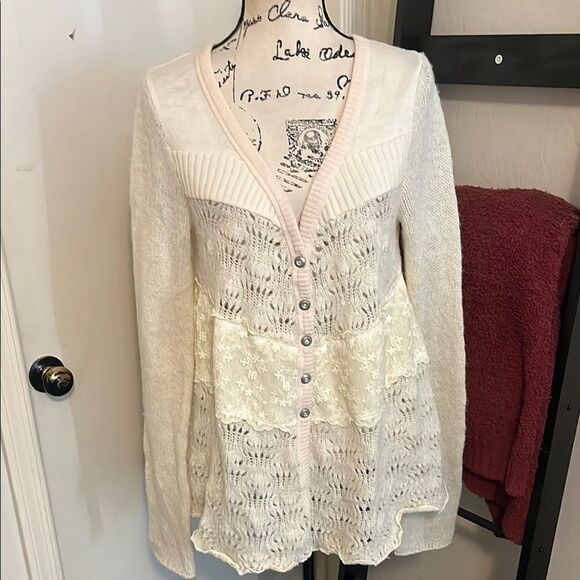 Free People Honeysuckle Years Lace Button Cardigan Sweater Boho Cottagecore - Picture 3 of 15